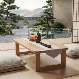 May include: A low rectangular wooden tea table featuring a light gray runner, a glass teapot filled with amber liquid, a dark brown ceramic teapot, and four small matching ceramic tea cups, flanked by two beige floor cushions on a wooden deck.