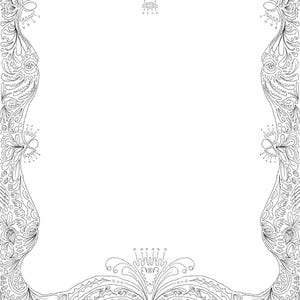 May include: A detailed black and white floral border design. The intricate pattern features stylized flowers, leaves, and swirling lines, creating a decorative frame. The design is symmetrical, with detailed embellishments at the corners and center.