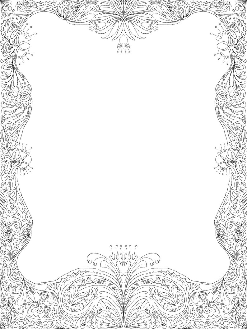 May include: A detailed black and white floral border design. The intricate pattern features stylized flowers, leaves, and swirling lines, creating a decorative frame. The design is symmetrical, with detailed embellishments at the corners and center.