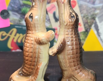 Vintage Cottage Hunting Cabin Style Lake Beach River Florida Kitsch Style Alligators Salt & Pepper Shakers Set