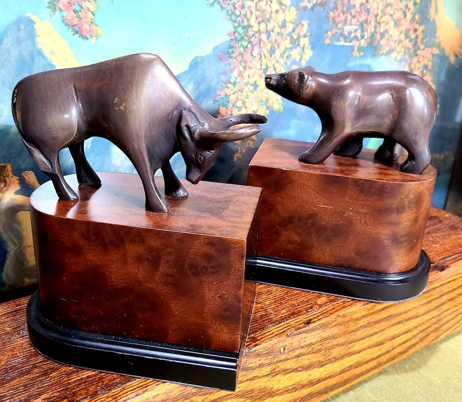 Bear & Bull Head Bronze Bookends – Handmade Resin Sculptures, 9" W X 8" H - View #6