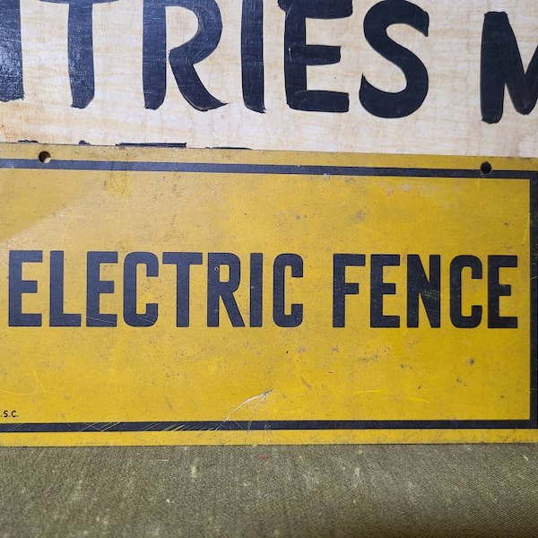 Small Vintage Caution Yellow and Black E.S.C. Company Electric Fence Sign