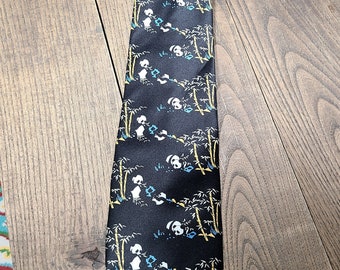 Vintage Gentlemen's 100% Silk Necktie by Kailong with Panda Bears on Black Base