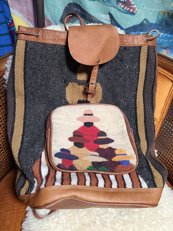 Vintage Oversized Kilim and Leather Ecuadorian Wool Backpack  display picture 2
