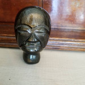 Vintage Mexican Indian Heavy Black Obsidian Gold Sheen Stone Statue Hand Carved Human Head