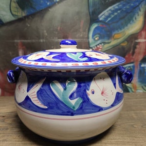 Vintage Ceramic Artistica Solimene Vietri Style Campagna Made in Italy Blue Fish Pesce Pottery Soup Tureen Hand-Painted