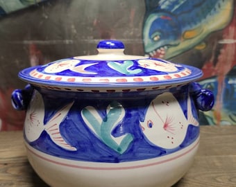 Vintage Ceramic Artistica Solimene Vietri Style Campagna Made in Italy Blue Fish Pesce Pottery Soup Tureen Hand-Painted