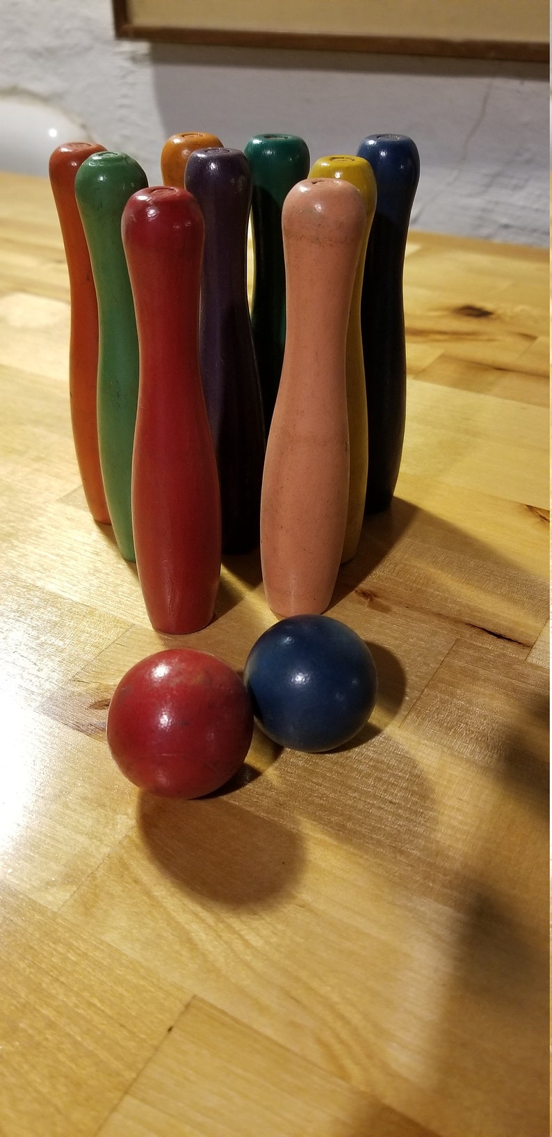 Vintage Colorful Wooden Duck Pins Bowling Game Two Balls Etsy