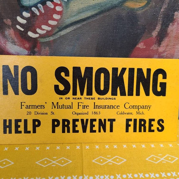 Vintage All Original No Smoking Help Prevent Fires Farmer's Mutual Insurance Company Michigan Cardboard Sign