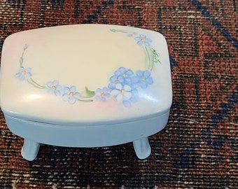 Antique MZ Austria China Hand Painted 4 Leg Lidded Trinket Pale Blue Floral Artist Signed Box