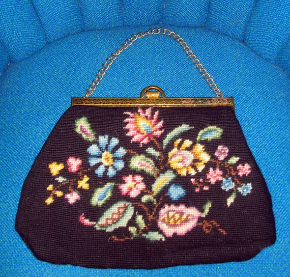 Vintage Circa 1950's Black Floral Needlepoint Pur… - image 1