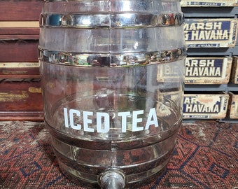 Circa 1950's Iced Tea Large Size Glass Jar General Store Canister Dispenser Display with Glass Lid Summer in the South