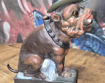 Ole Puffer Mechanical Cast Iron Coin Bank Bulldog With Cigar in