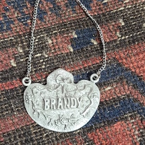 Vintage Elegant Heritage Pewter  Brandy Bottle Decanter Tag Bar Label