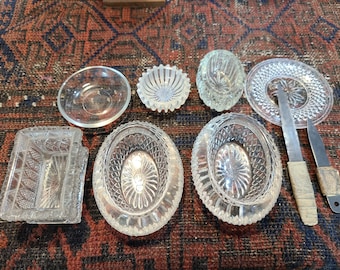 7 Antique Victorian Good Condition Asst Pattern Bohemian Glass Open Salt Cellars Formal Dining Table Elegant Service Czech Cut Sandwich