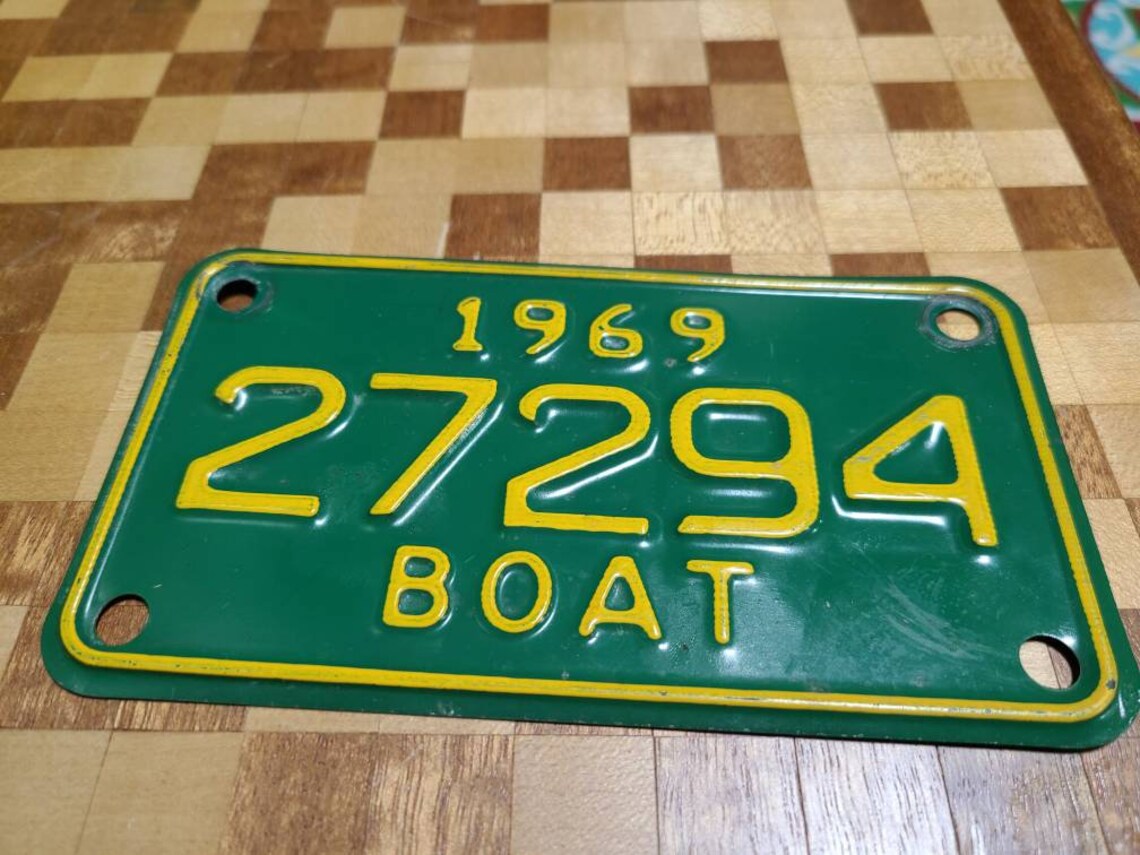Vintage 1969 Boat License Plate Yellow over Green Etsy