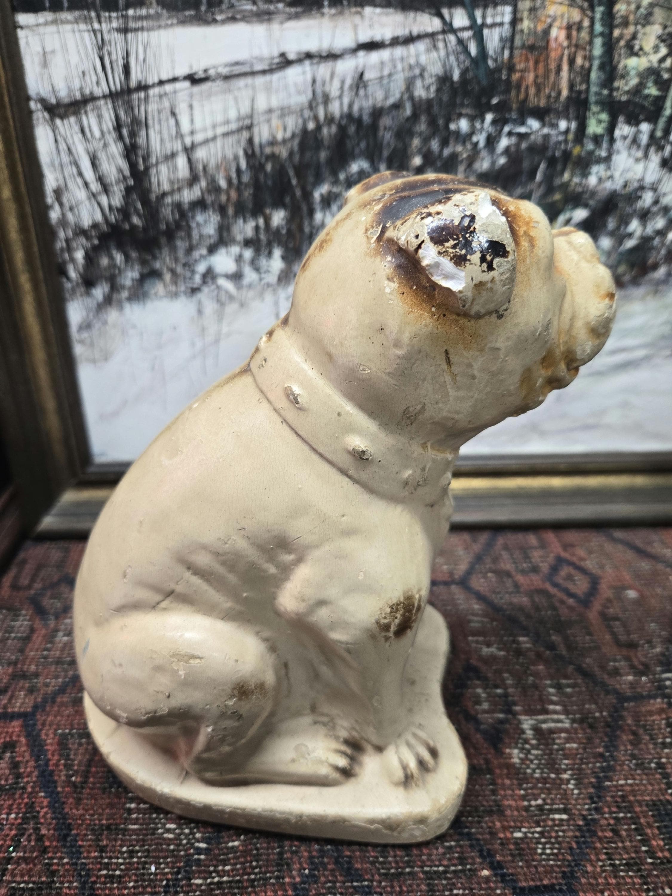 Antique Carnival Original Chippy Paint Chalkware Bulldog Chalk