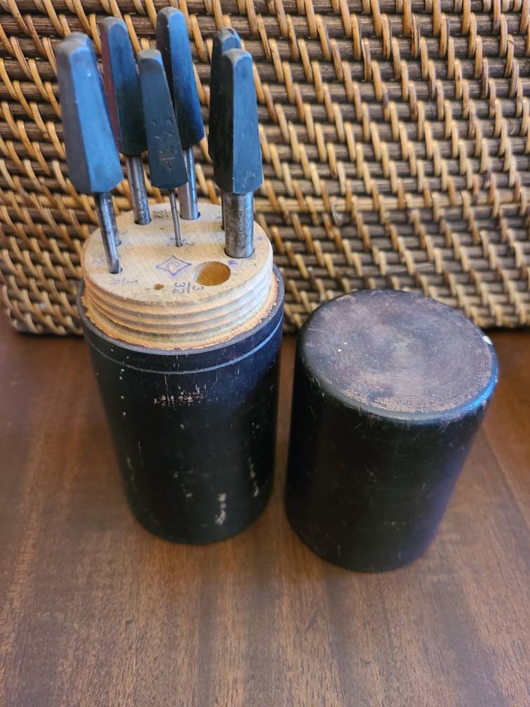 Antique Drill Bits in Round Wooden Screw Top Box Tools Etsy
