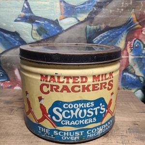 Rare Circa 1920&#39;s Round Tin Schust&#39;s Malted Milk Cookies & Crackers Advertising General Store Display Advertising Glass Top