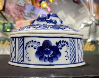 Vintage Russian Wekman Blue and White Porcelain Oval Lidded Trinket Box Hand Painted Floral Motif