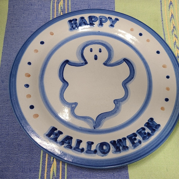 Rare Discontinued Beautiful Vintage Handmade Studio Art Pottery M A Hadley Pottery Signed Happy Halloween Round Platter Server with Ghost