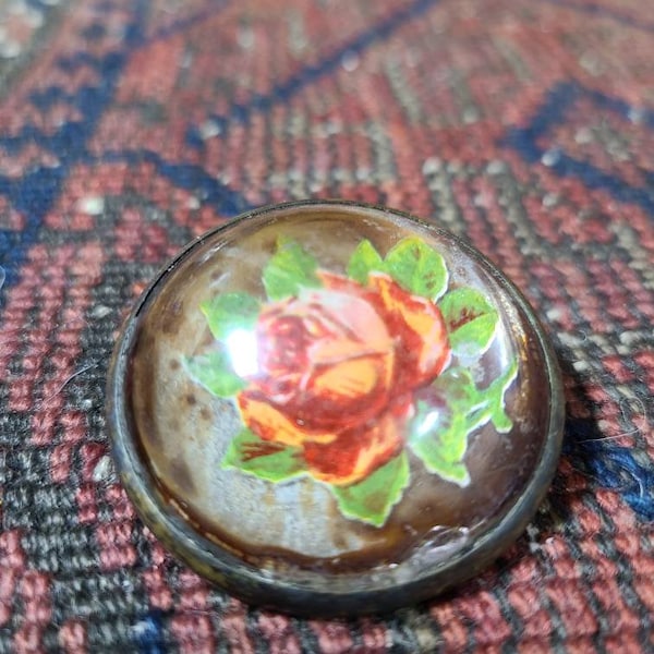 Vintage Single Paperweight Style Horse Bridle Rosette Red Rose Motif Brass Glass