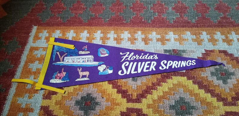 Rare Vintage Circa 1950/'s White on Purple Glass Bottom Boat Picture Felt Large Size Pennant Souvenir Florida Silver Springs