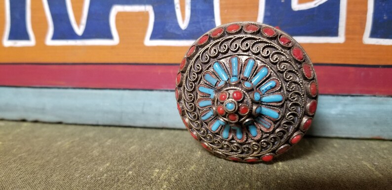 Vintage Chinese Tibetan Nepalese Brass Filigree Turquoise and Coral Colored Beaded Small Round Beast Flower Jeweled Prayer Trinket Box