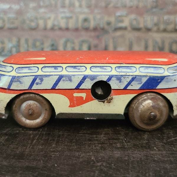 Rare Antique Art Deco Tin Rolling Bus Wind-up Toy