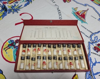 Collection of 24 Vintage Antique The Best Fit Watch Crowns Part Glass Vials Jars with metal lids in Original Box