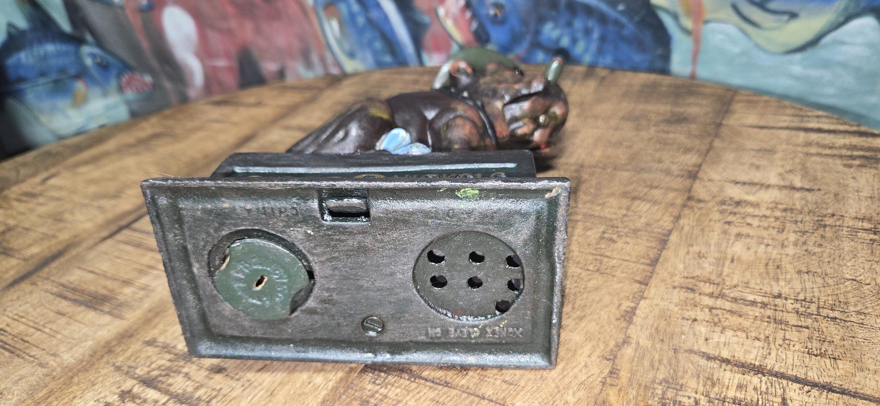 Ole Puffer Mechanical Cast Iron Coin Bank Bulldog With Cigar in