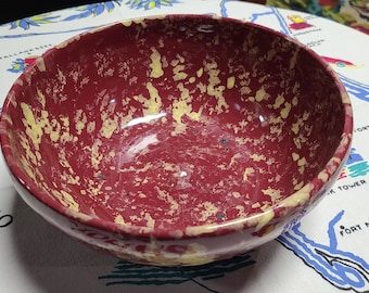 Stunning Beautiful Big Bybee Yellow Splatterware over Deep Oxblood Red Primitive Kentucky Pottery Serving Bowl Baker Mixer Great Condition