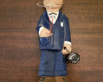 Rare Vintage Hand Carved Medical Doctor with Stethoscope and Bag very good condition