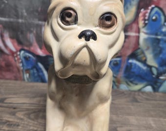 Vintage French Bulldog Hand Painted White Chalkware Plaster Dog