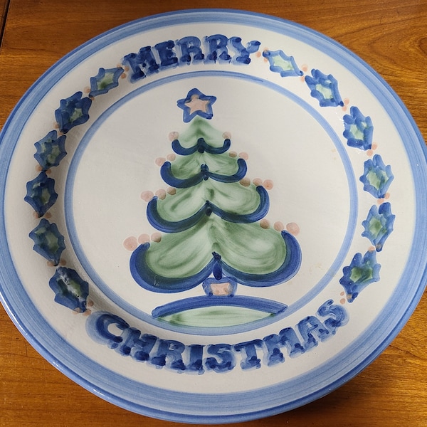 Rare Discontinued Beautiful Vintage Handmade Studio Art Pottery M A Hadley Pottery Signed Merry Christmas Round Platter Server