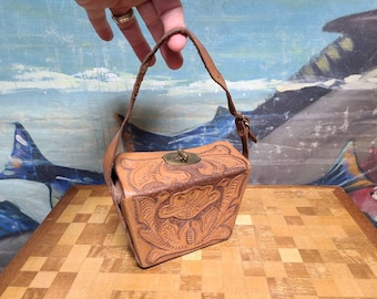 Vintage Ornate Tooled Leather Handmade Little Girl's 1960's Handbag Purse Tote Bag