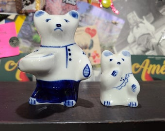 Vintage Russian Wekman Blue and White Porcelain Figural Bears