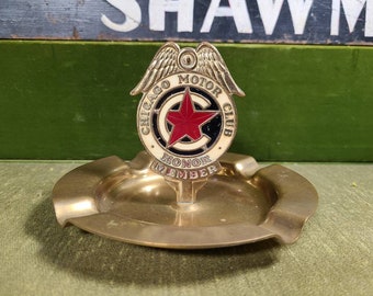 1920 1930 Chicago Motor Club Brass Honor Member Ashtray Trivet Tray with Enameled Emblem