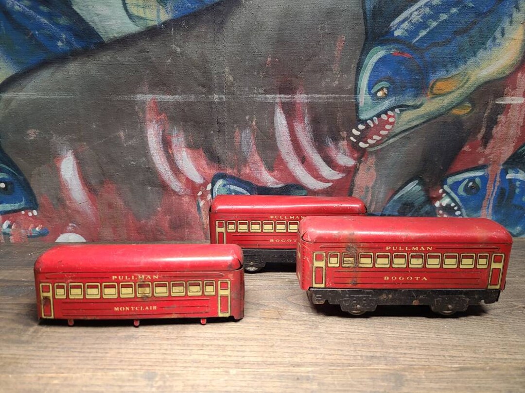 3 Antique Louis Marx Toys Toy Red Pullman Train Cars Montclair and 2