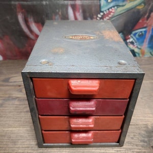 Vintage 1950's Industrial Craftsman Metal Store Display Parts Cabinet Box with Four Divided Red Plastic Drawers Organizer Storage Cabinet