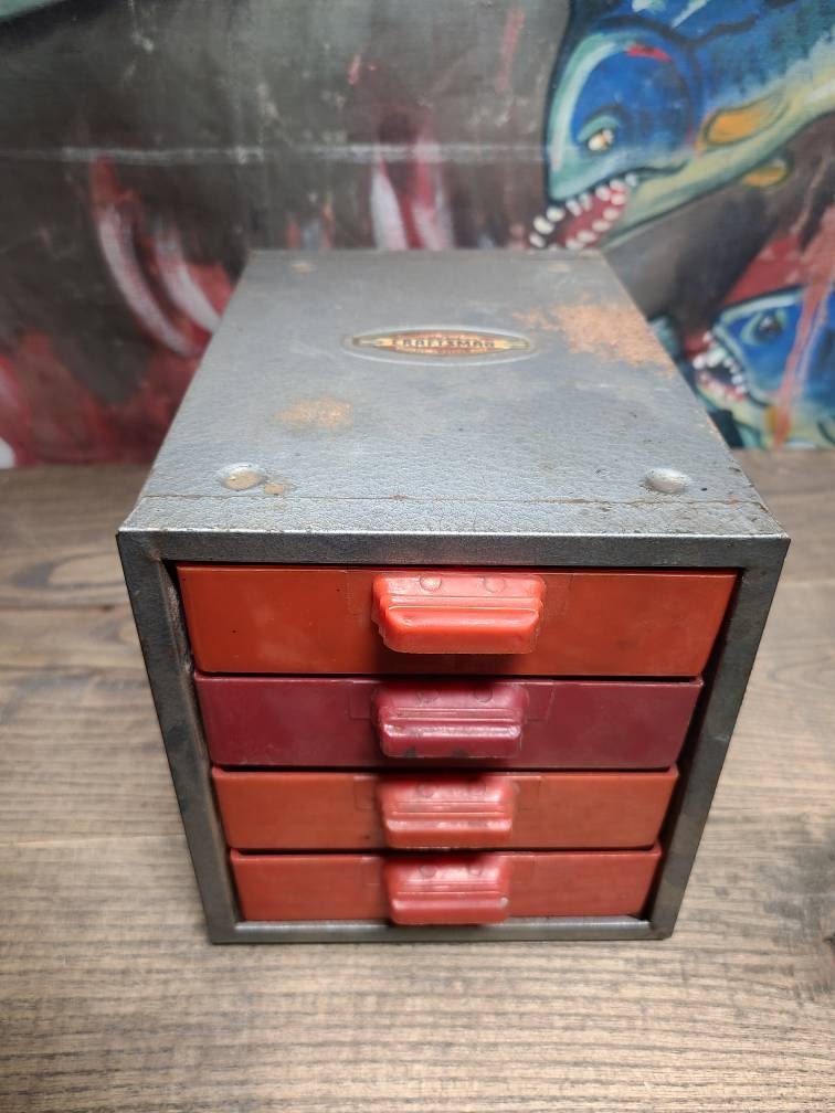 Vintage 1950's Industrial Craftsman Metal Store Display Parts Cabinet Box  With Four Divided Red Plastic Drawers Organizer Storage Cabinet 