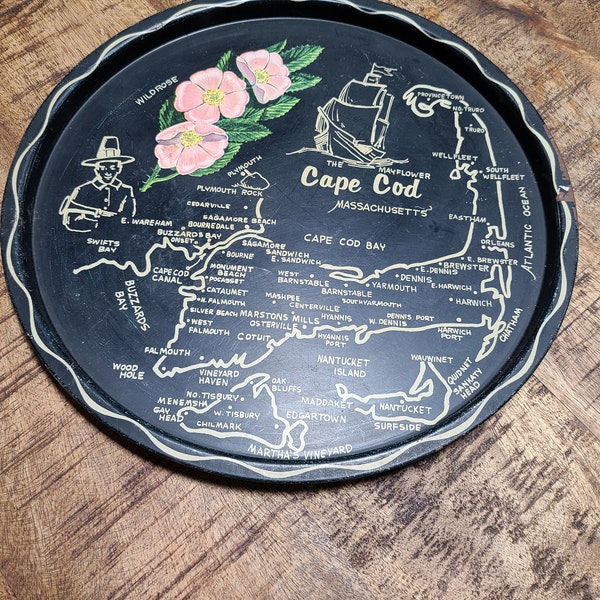 Beautiful Vintage 1960's MCM Round Black Metal Cape Cod Massachusetts Landmarks Souvenir Scenic Serving Tray