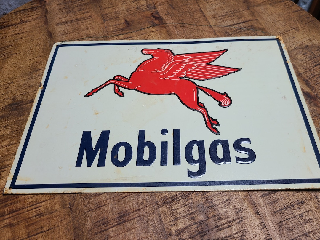 Reproduction Aged Mobilgas Mobil Gas Pegasus Logo Tin Sign Blue Over ...