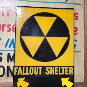 Vintage Yellow and Black Fallout Shelter Arrow Sign Authentic
