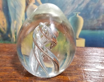 Vintage Hand Blown Beautiful Art Glass Globe Paperweight Clear Glass Swirl Egg Shaped Marble Murano Style