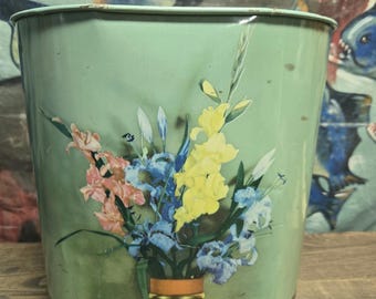 Gorgeous Vintage 1960's MCM National Can Company Vivid Floral Gladiola Bouquet l Metal Trash Can Waste Basket Elegant Kitsch