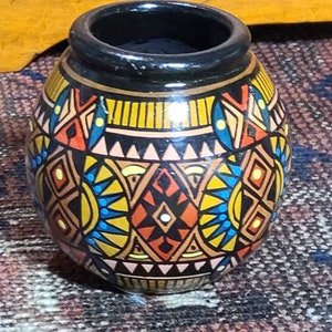 Vintage Native Indian Hand Painted Clay Pottery Vase Vessel with Geometric Accent Painted Designs