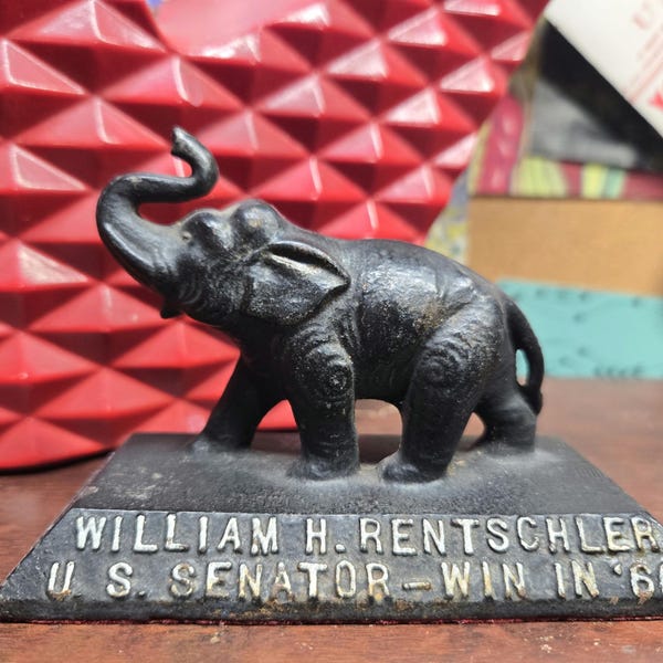 Pisapapeles antiguo de elefante de acero fundido pesado William Rentschler, senador de EE. UU., de 1960, con letras en relieve, 3 libras
