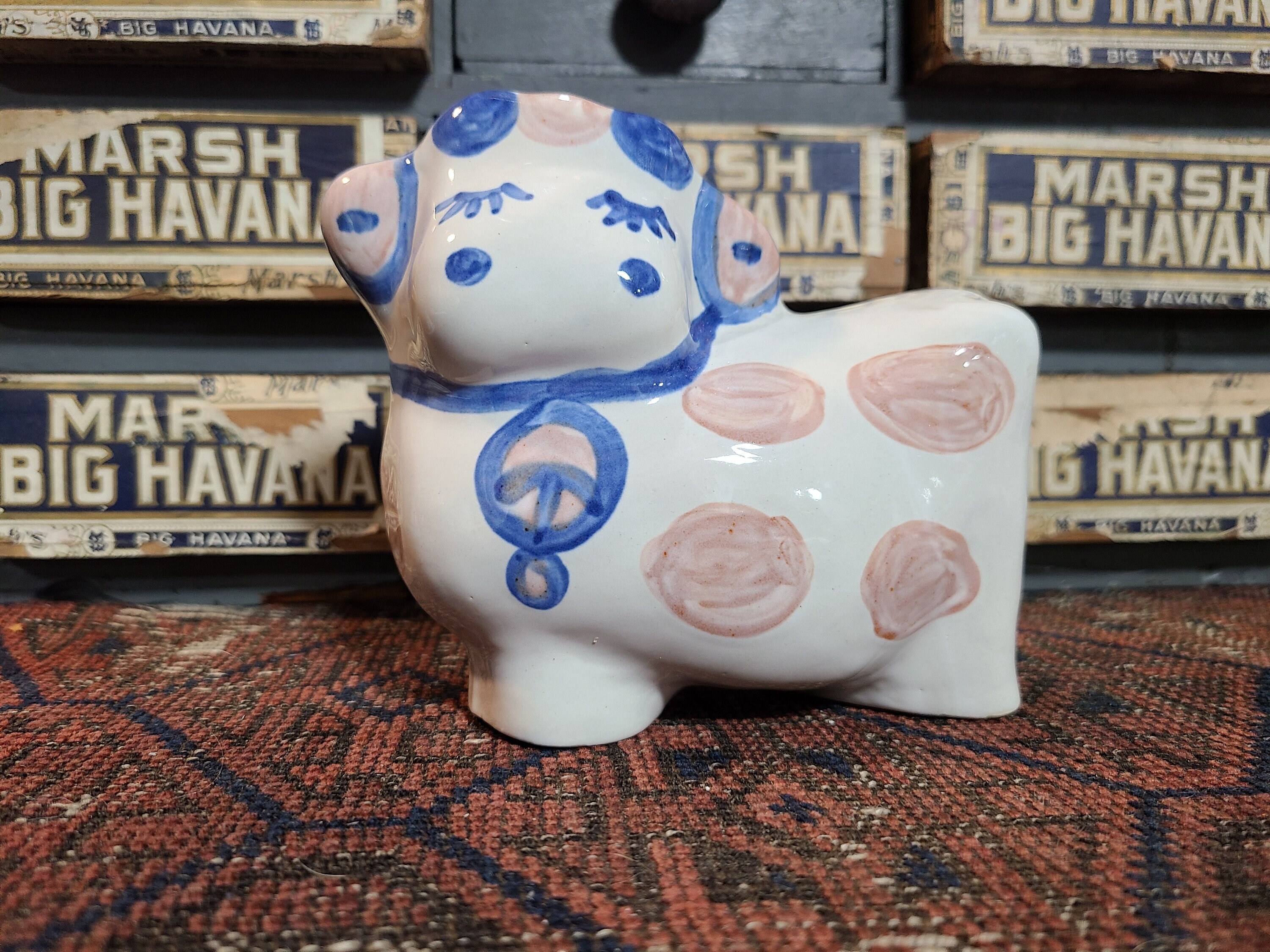 Fabulous Discontinued Vintage Handmade Studio Art Pottery M A Hadley Pottery Country Scene  Cow Shaped Piggy Bank Signed