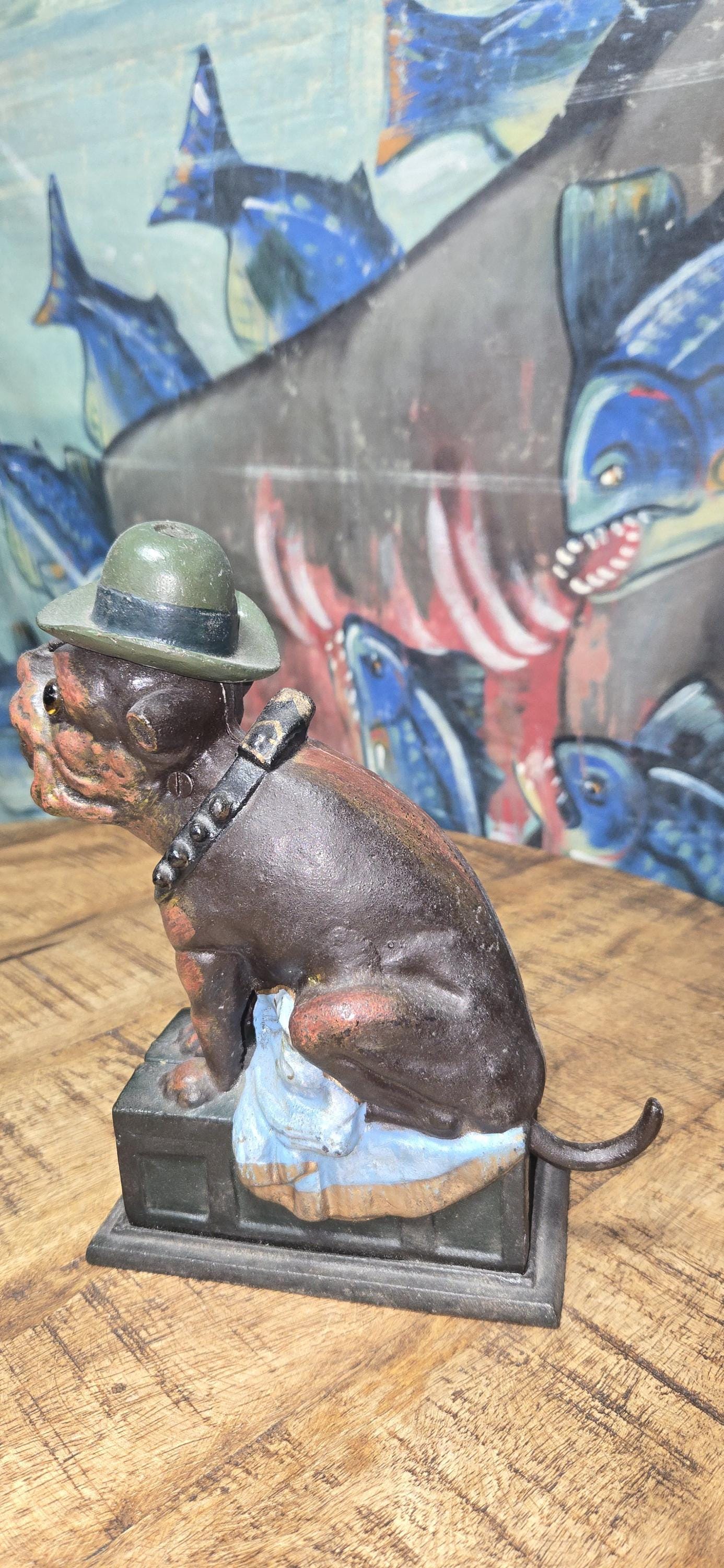 Ole Puffer Mechanical Cast Iron Coin Bank Bulldog With Cigar in